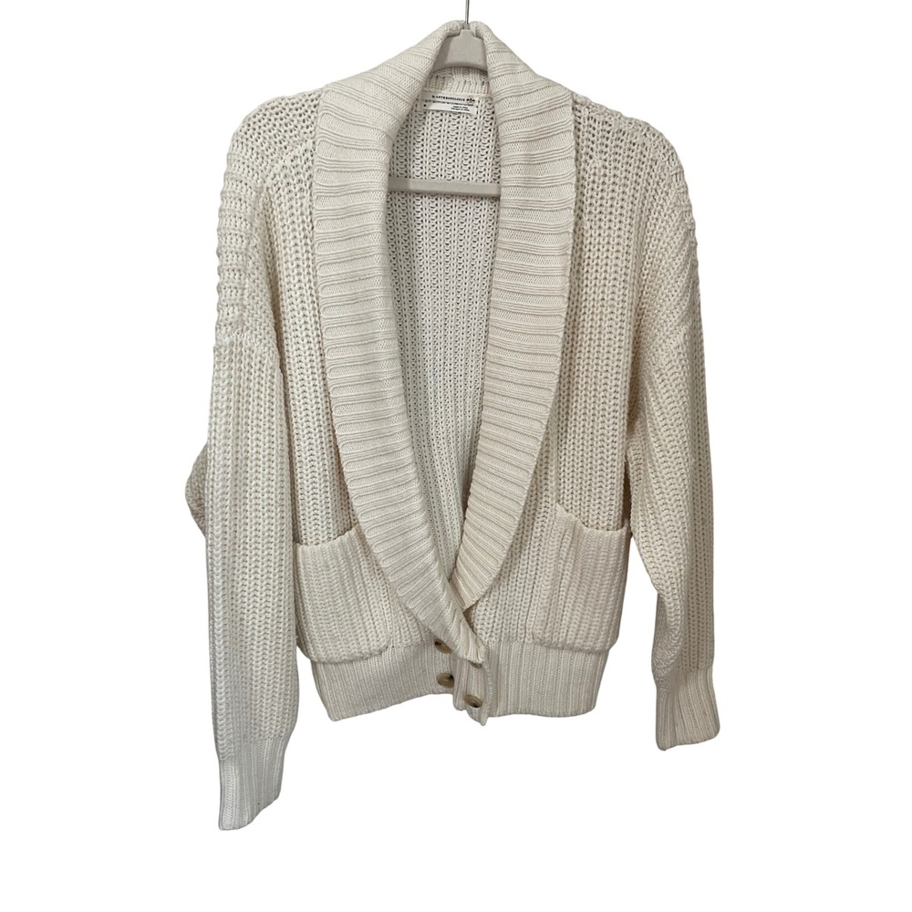 Anthropologie Shawl Collar Chunky Knit Cardigan Sweater Wool Blend Ivory Size M